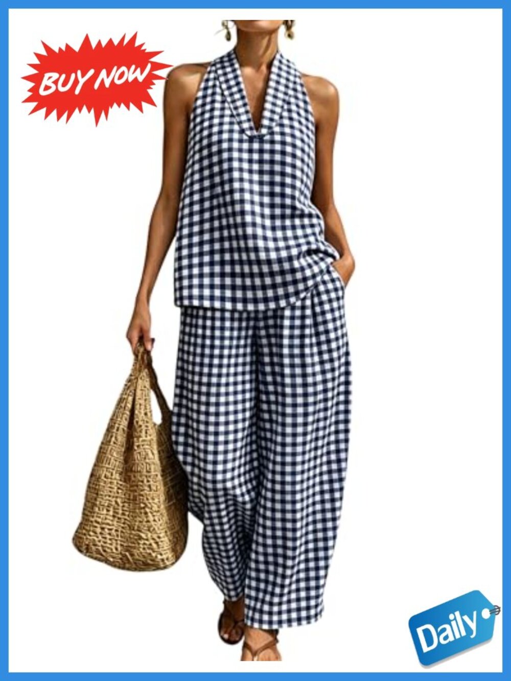 Womens 2 Piece Set Halter Tank Top & Barrel Leg Pants Cotton Lounge
